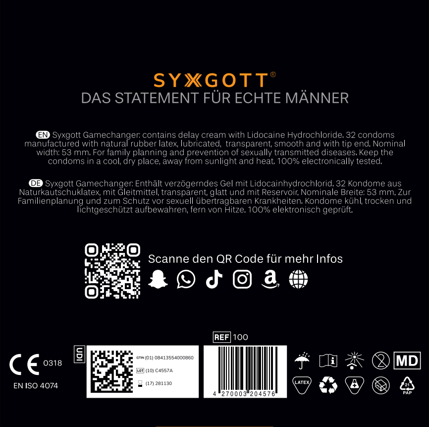 Syxgott Gamechanger Kondome (32 Stück) mit Verzögerungsgel (delay gel) - Syxgott