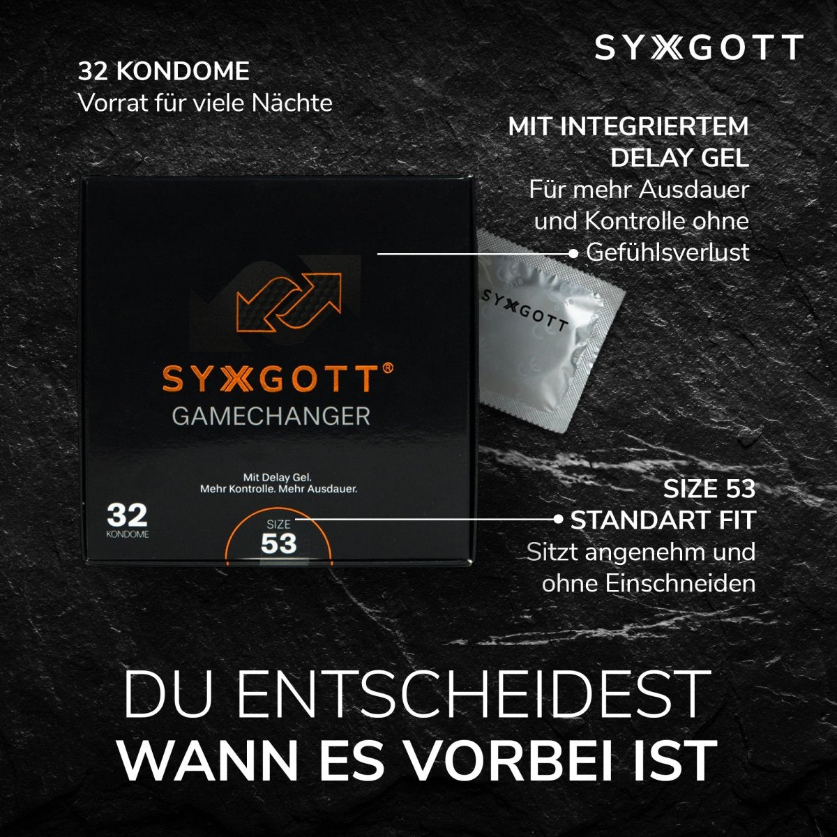 Syxgott Gamechanger Kondome (32 Stück) mit Verzögerungsgel (delay gel) - Syxgott